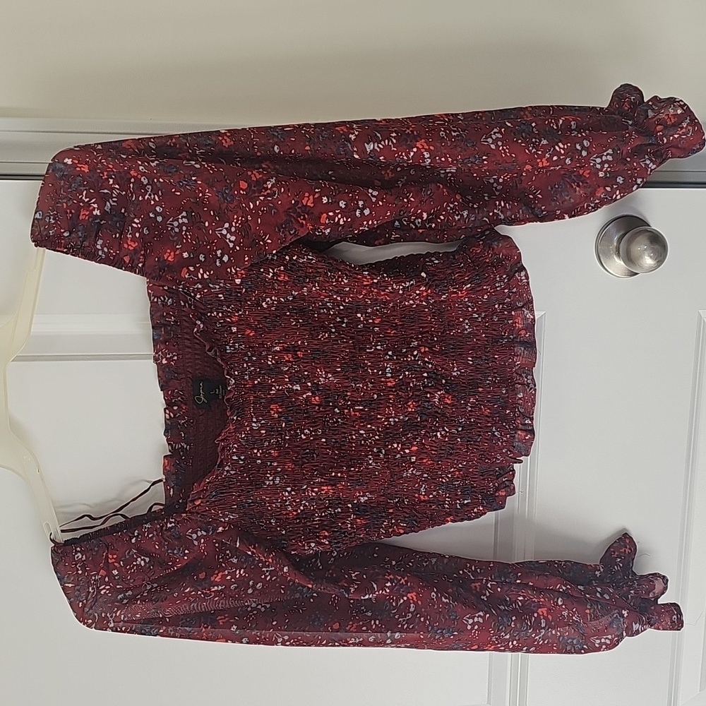 Japna Red Multi Floral Smocked Long Sleeve Crop Top Size L NWT